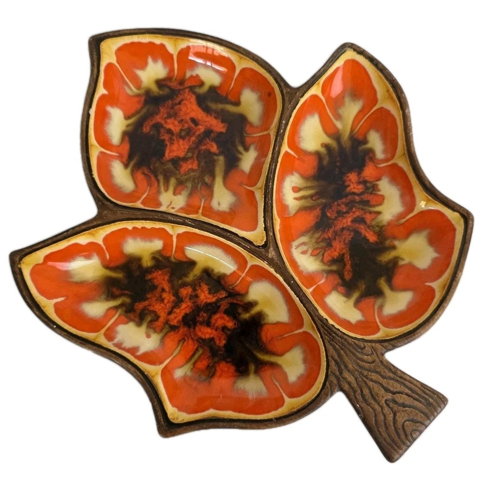 VTG '60s MCM Treasure Craft Ceramic Divided Leaf Dish Orange Brown Drip Glaze